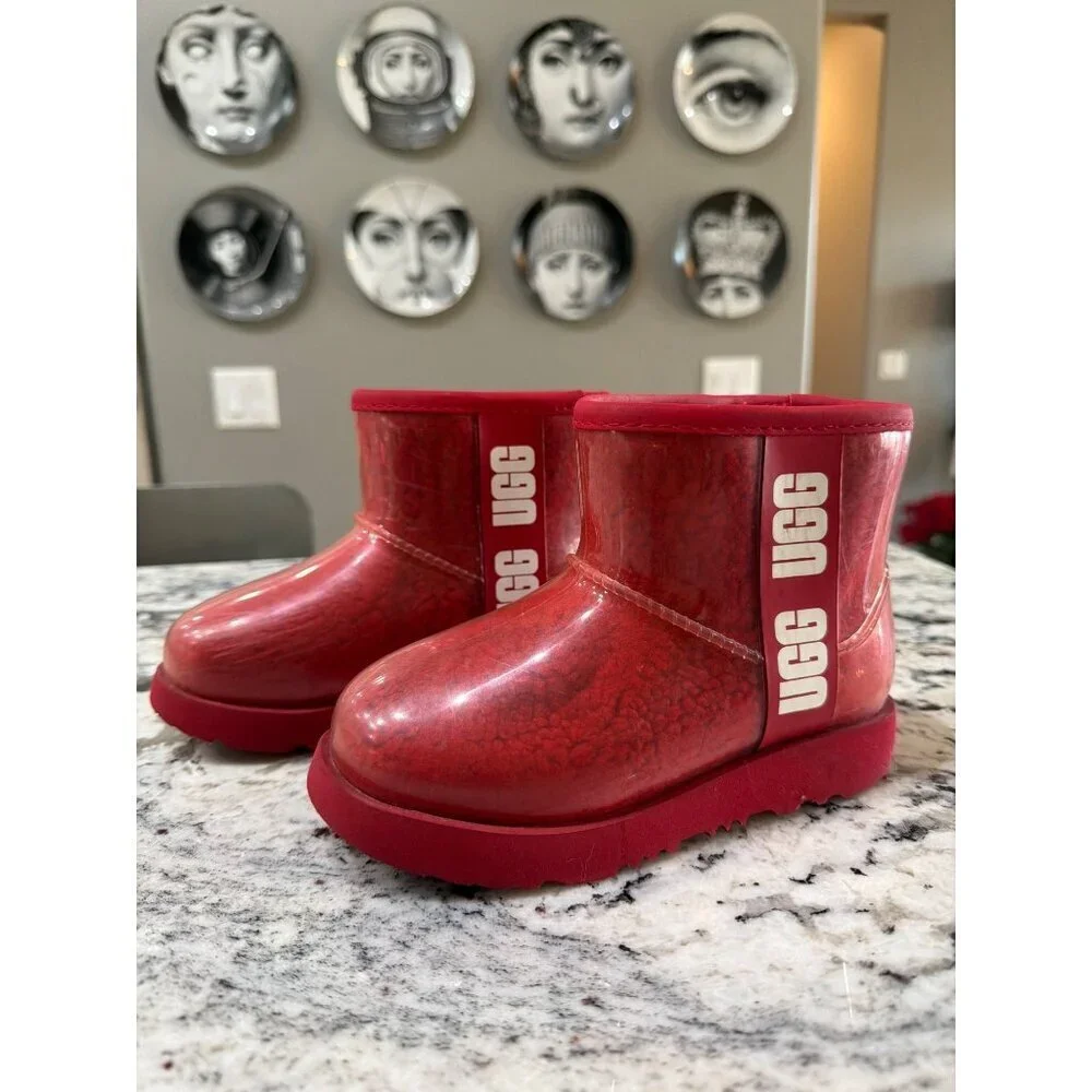 UGG Classic Clear Faux Shearling Mini Boots Red Kids Size 10